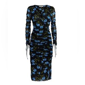 *NWT Designer* Diane Von Furstenburg Ruched Floral Black Midi Desss - Large
